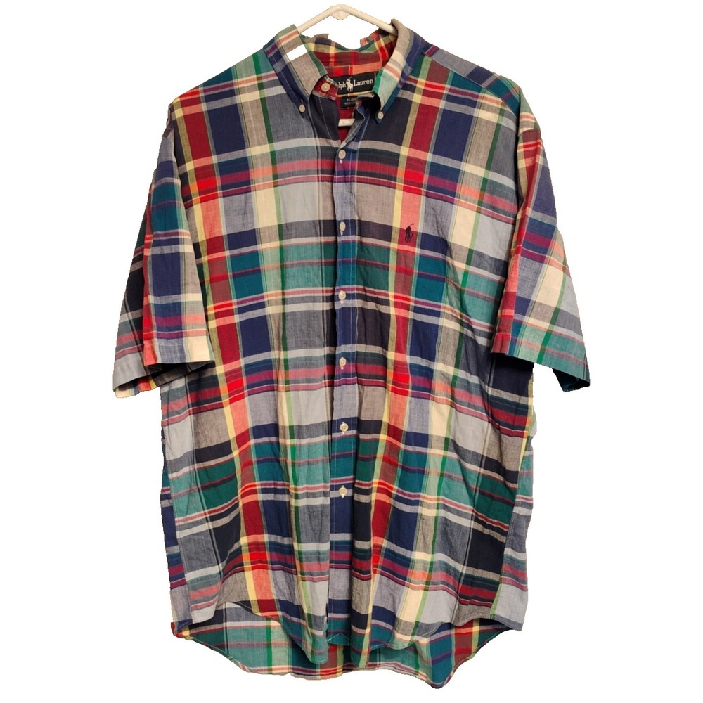 Ralph Lauren Blaire Mens M Medium Short Sleeve Plaid Button Up Dress Shirt Logo